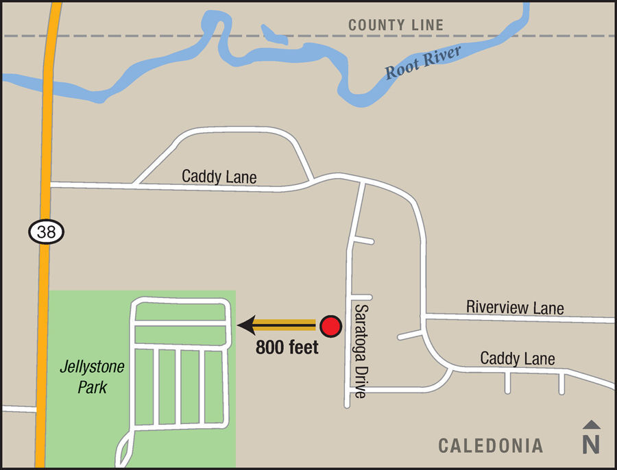 Map of where sex offenders may be placed on Saratoga Drive in Caledonia, near Jellystone Park